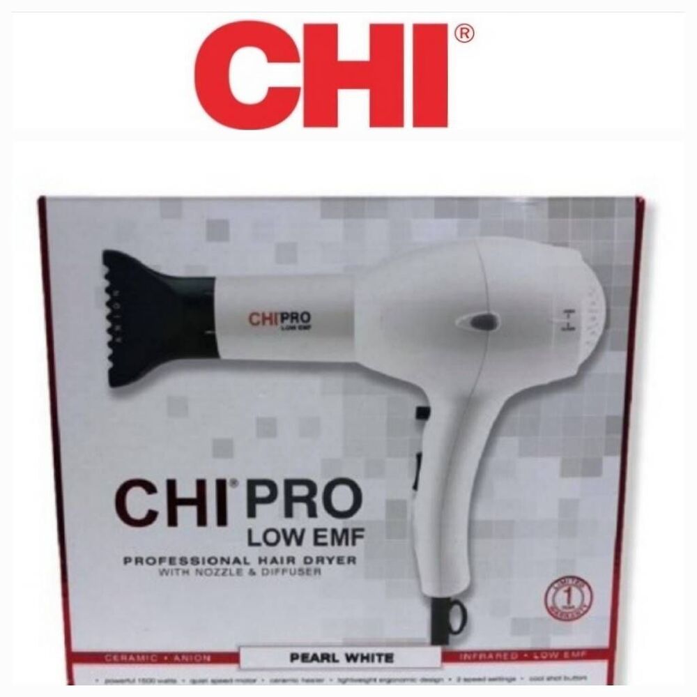 CHI Pro Low EMF Professional Hair Dryer w/Nozzle & Diffuser-‎ White